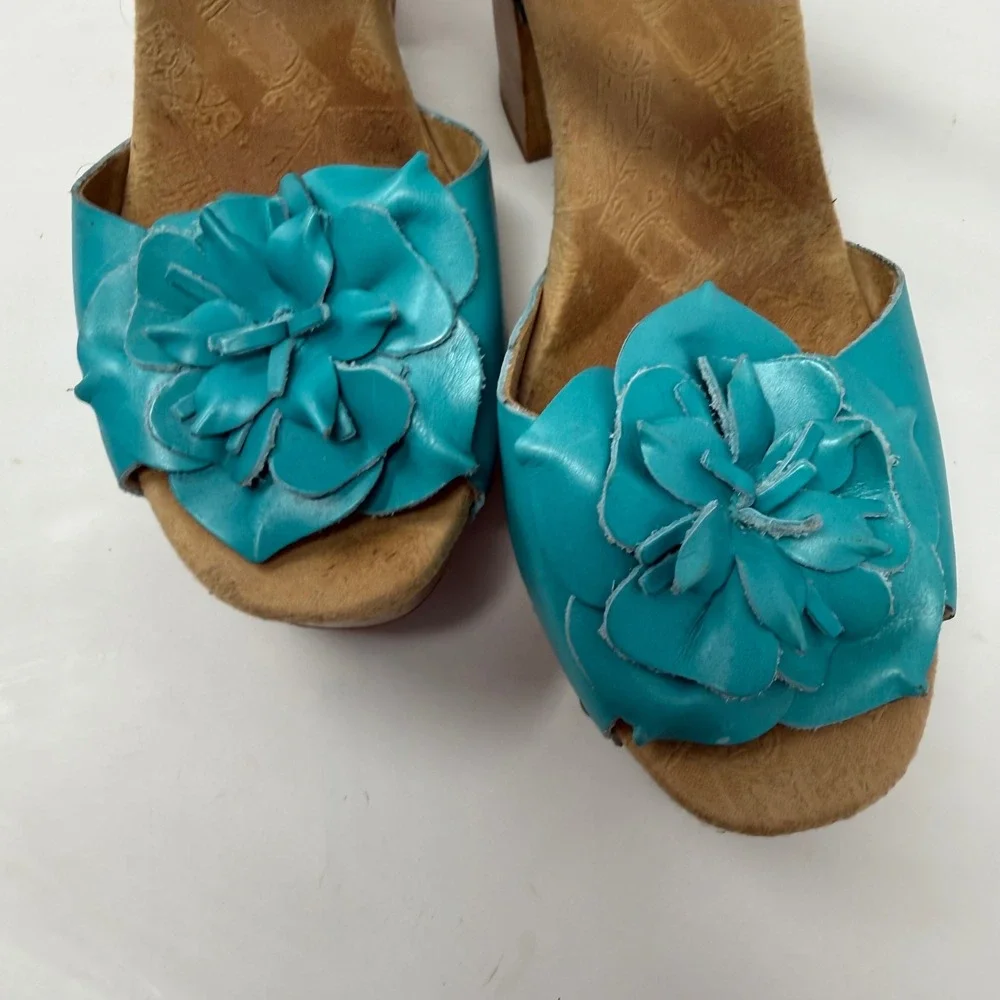 Korks by Kork-Ease Womens Turquoise Leather Floral Wood Platform Sandals Q65413